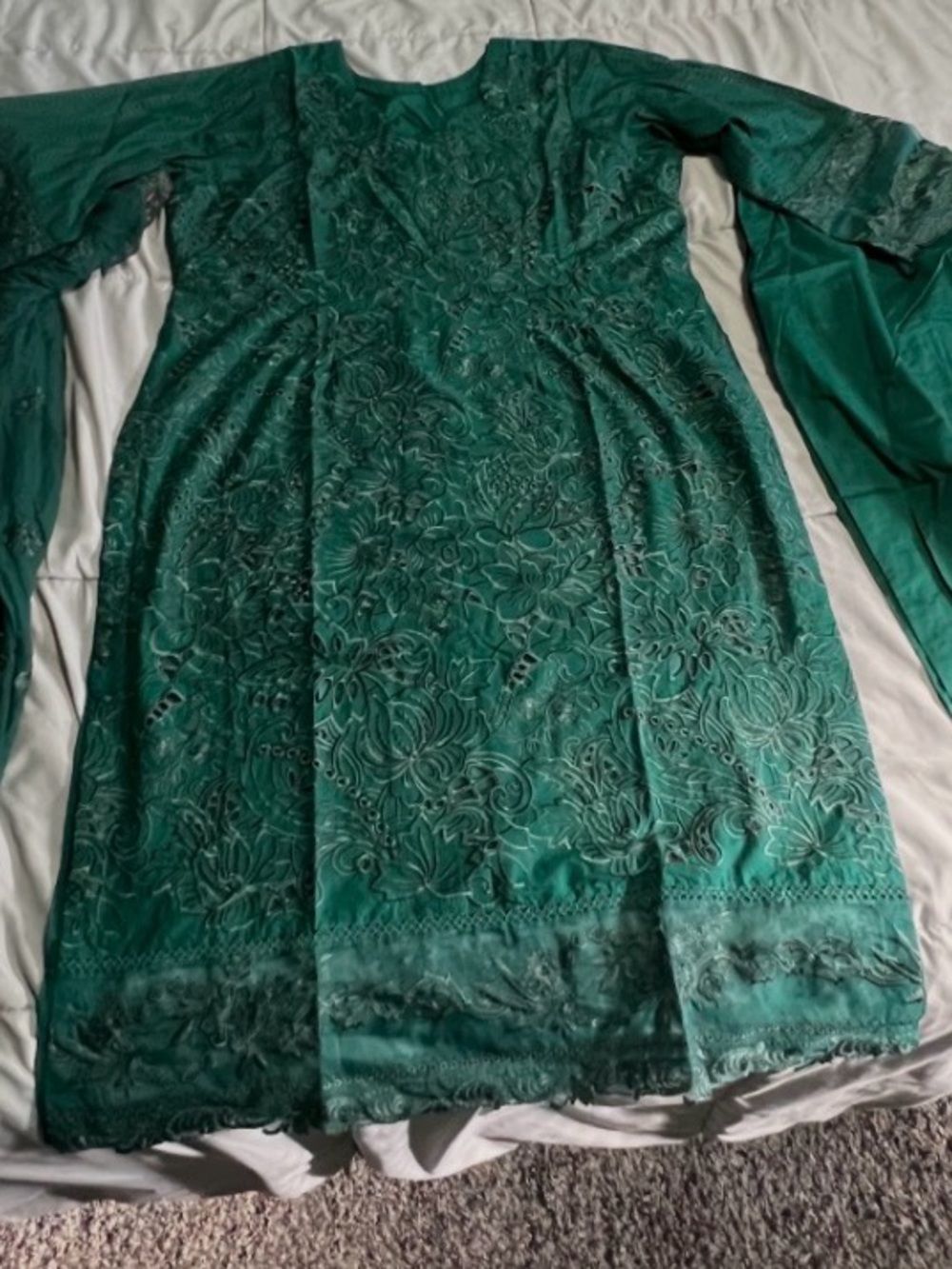 Embroidered Emerald Green Traditional Dress with Floral Scarf - Picture 4 of 7